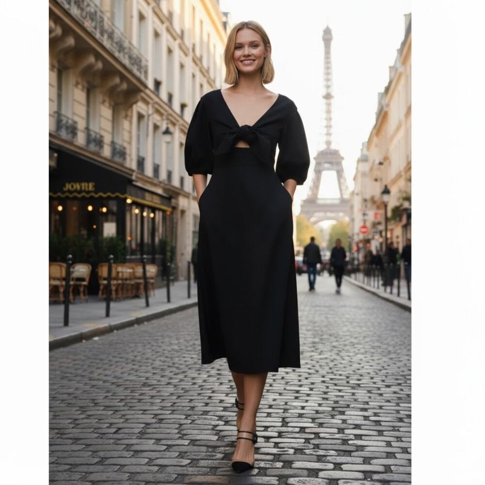 EDIT Tie Front Midi Dress XS Black NEW